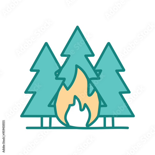 Forest fire icon. Illustration of a wildfire in a forest, representing the danger of forest fires and the importance of prevention.