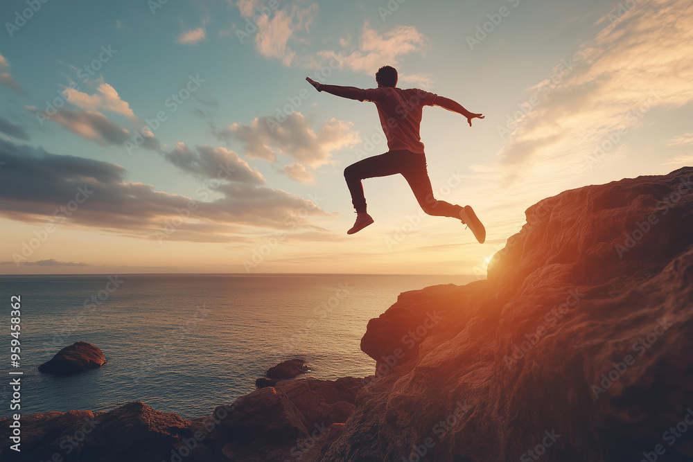 Courage man jumping over cliff on sunset background,Business concept idea Courage man jumping over cliff on sunset background,Business concept idea