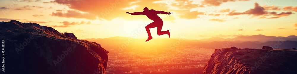 Courage man jumping over cliff on sunset background,Business concept idea Courage man jumping over cliff on sunset background,Business concept idea