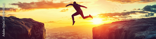 Courage man jumping over cliff on sunset background,Business concept idea