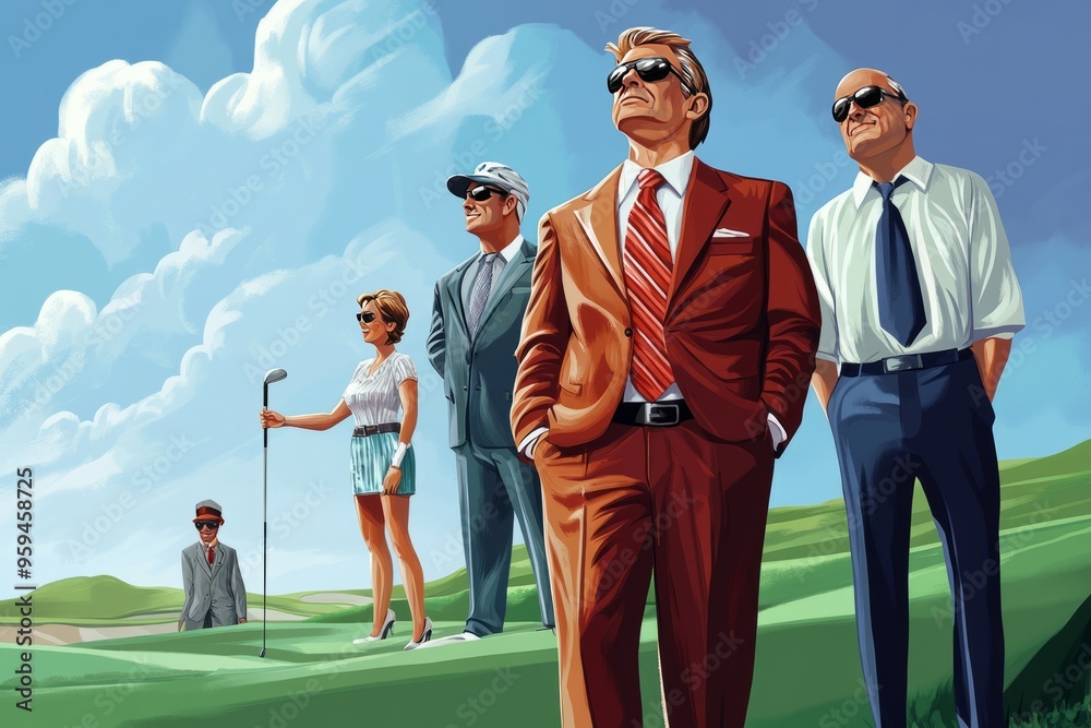 illustration of a group of wealthy people playing golf together , business deal, social club, billionaire club, millionaire club
illustration of a group of wealthy people playing golf together , business deal, social club, billionaire club, millionaire club