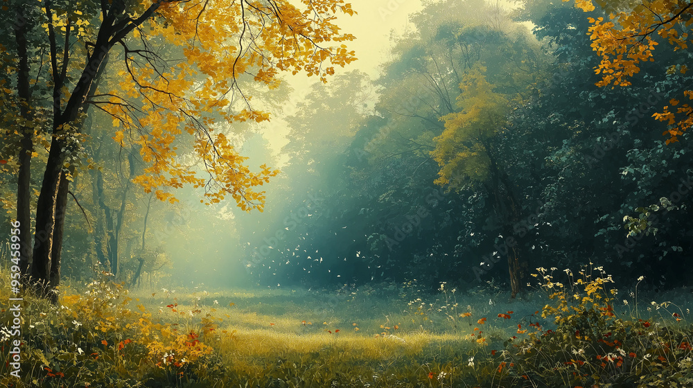 Gentle breeze rustling the leaves of a forest, mild weather, peaceful nature scene