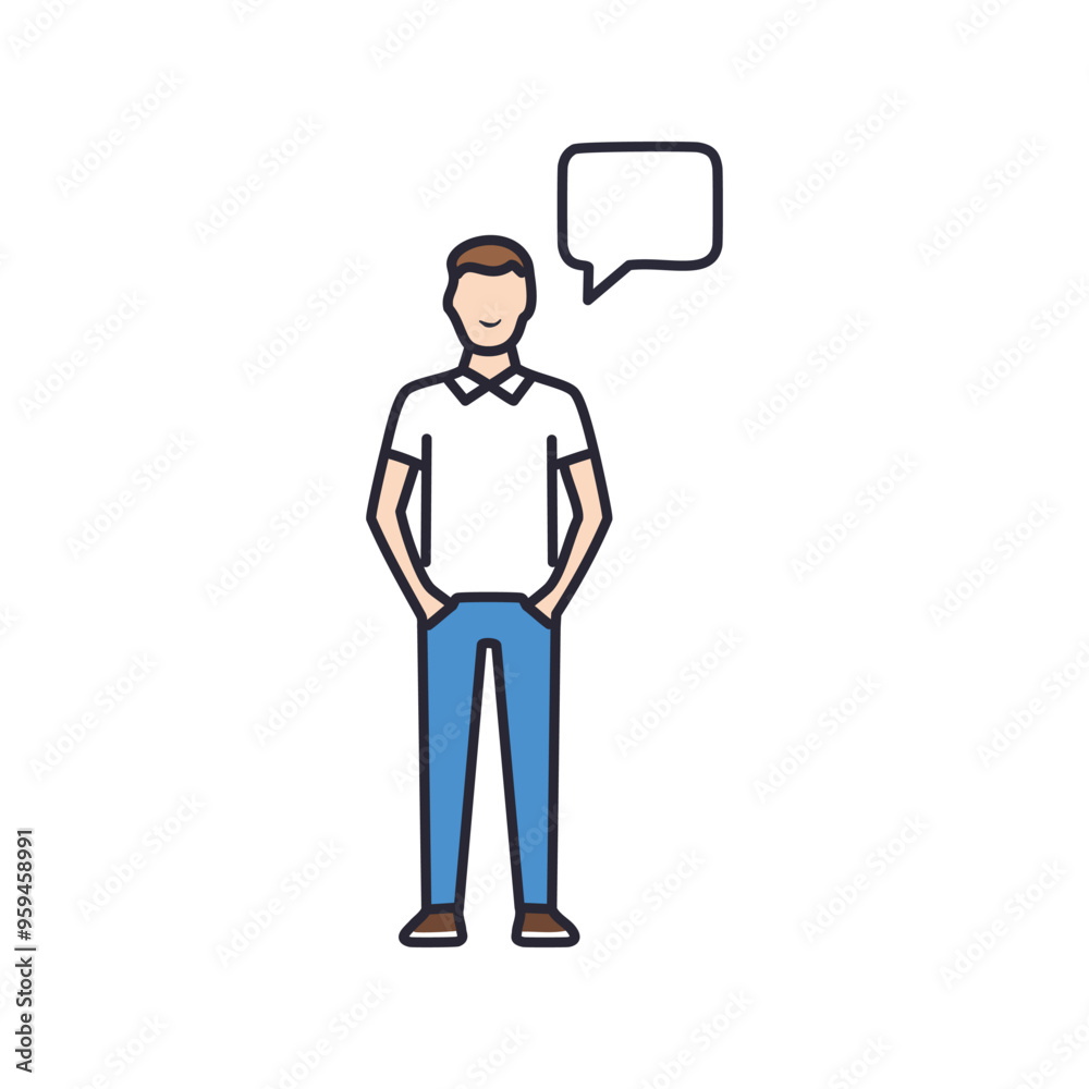 Man thinking speech bubble. Man standing with hands in pockets thinking, illustrated with a speech bubble above his head. Man thinking speech bubble. Man standing with hands in pockets thinking, illustrated with a speech bubble above his head.