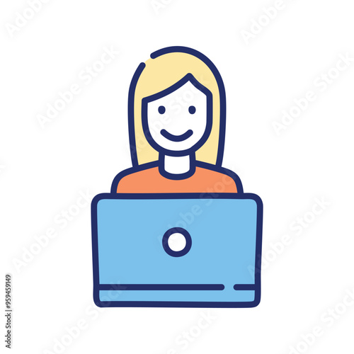 Woman laptop. Smiling woman using laptop. Represents technology, work, and digital communication.