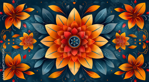 Orange Floral Illustration with Dark Blue Background