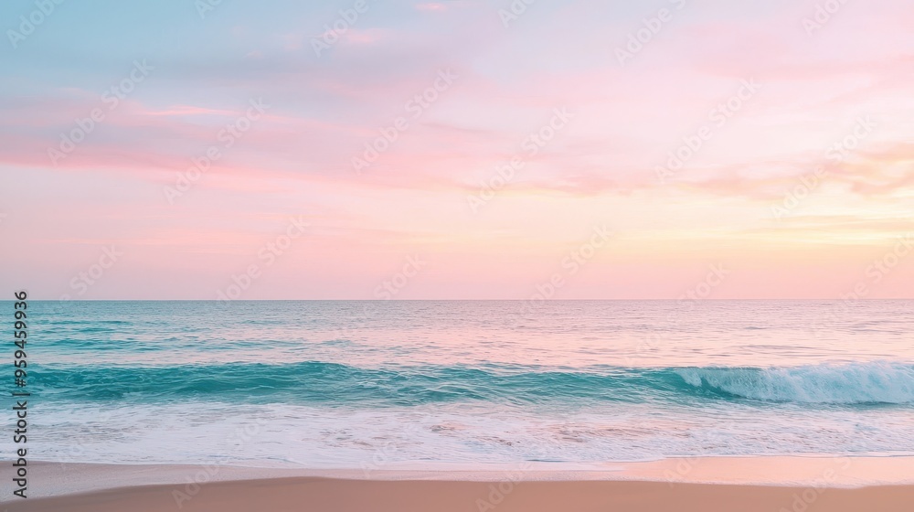 Calm Ocean Waves at Sunset with Pink Sky and Sandy Beach Calm Ocean Waves at Sunset with Pink Sky and Sandy Beach