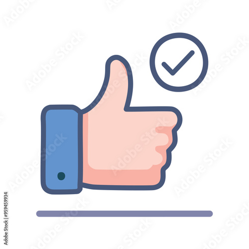 Thumbs up approval. Thumbs up icon with checkmark, signifying agreement, acceptance, confirmation, and positive feedback.