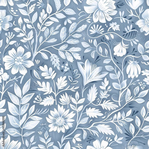 Wallpaper Mural 07250736 01. A seamless doodle botanicals pattern featuring intricate floral designs in a winter color palette of pale dusty blue and white Torontodigital.ca
