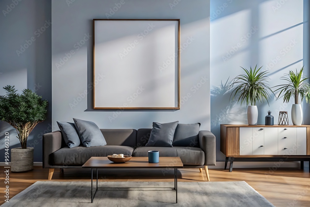 Modern living room with sofa, coffee table, and plants. Modern living room with sofa, coffee table, and plants.