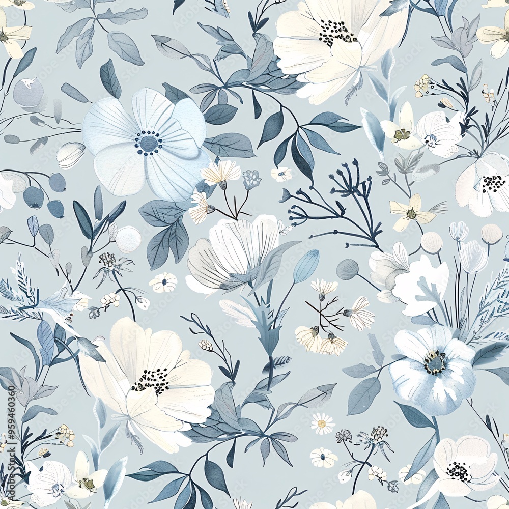 07250736 05. A seamless floral pattern with hand-drawn doodle botanicals in a serene winter color palette of pale dusty blue and white 07250736 05. A seamless floral pattern with hand-drawn doodle botanicals in a serene winter color palette of pale dusty blue and white