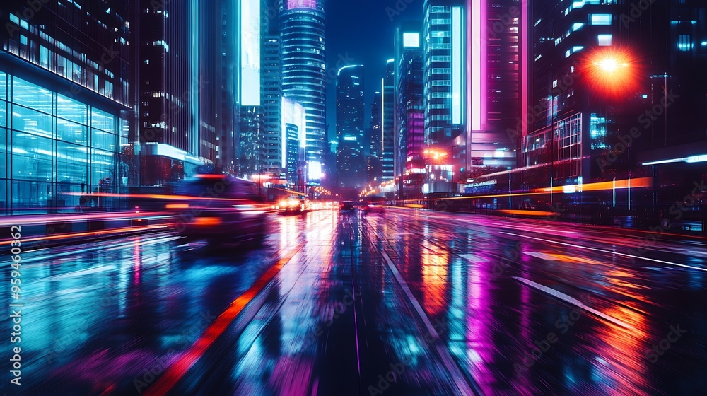 Naklejka premium Vibrant Neon City Street at Night with Motion Blur 
