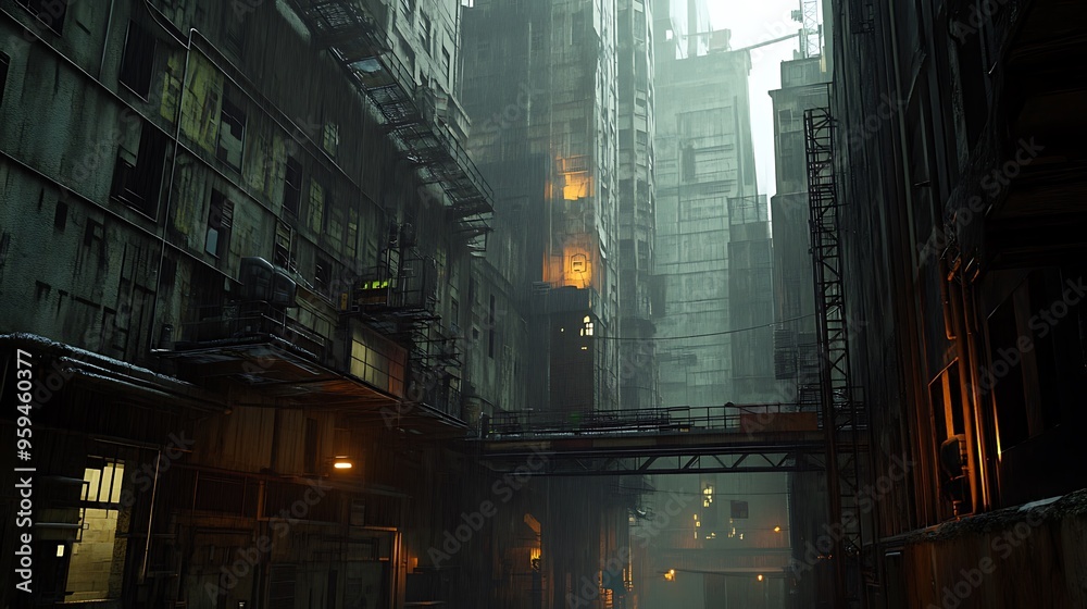Fototapeta premium Gloomy Industrial Alleyway in Futuristic City