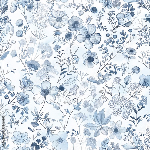 07250736 04. A delicate and detailed all-over floral repeat print featuring doodle-style botanicals in a soothing winter palette of pale dusty blue and white