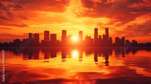 City Skyline at Sunset with Fiery Reflections 