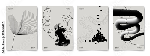 Set of abstract monochrome posters templates, backgrounds, covers. Creative design with line, chrome shape, gradient elements. Vector illustration, collage.
