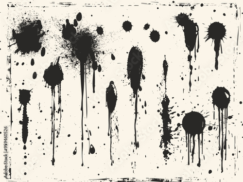 Abstract Art: Black Ink Spills and Splatters on White Background