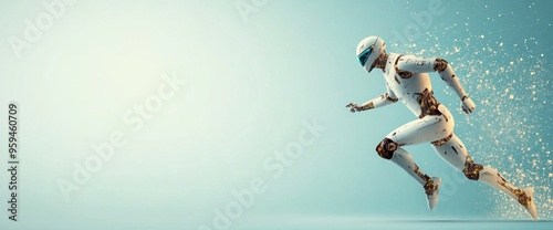 A robot is running on a blue background