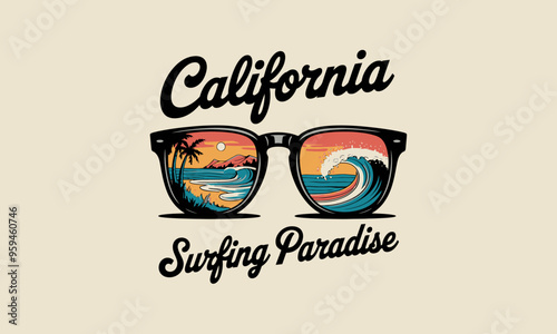 Sunglasses reflecting beach, waves, palm trees, with California surfing theme.