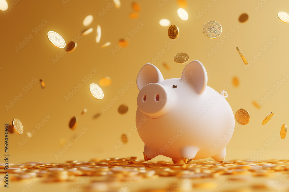 Coins falling to white piggy saving , Financial and money deposit concept. Coins falling to white piggy saving , Financial and money deposit concept.