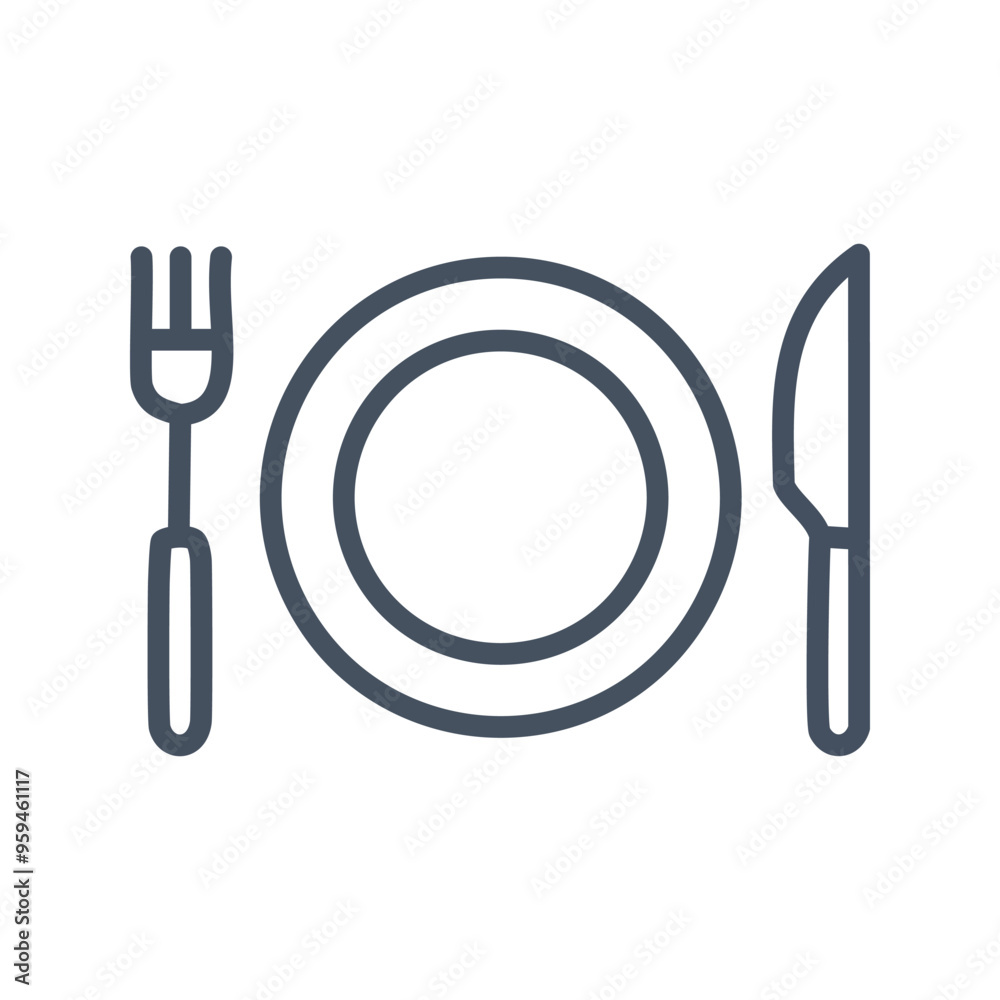 Dinnerware icon. Outline icon of a plate, fork, and knife. Represents dining, food, and eating. Dinnerware icon. Outline icon of a plate, fork, and knife. Represents dining, food, and eating.