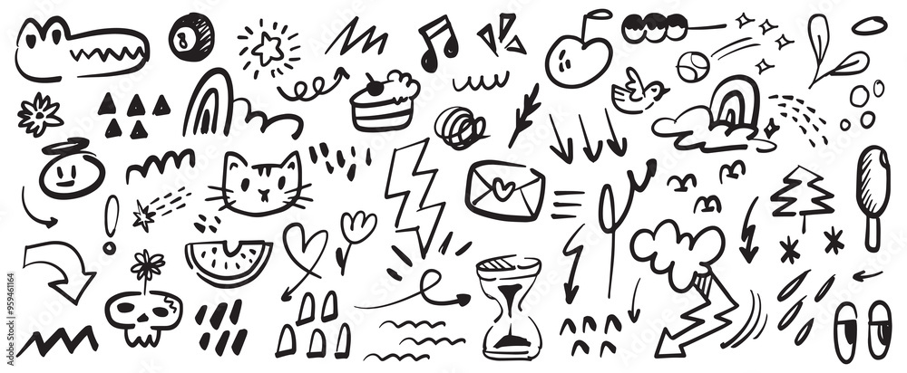 Creative Hand-Drawn Doodle Set | Playful Vector Scribbles, Symbols, and Sketches | Abstract Black and White Illustration for Design Projects