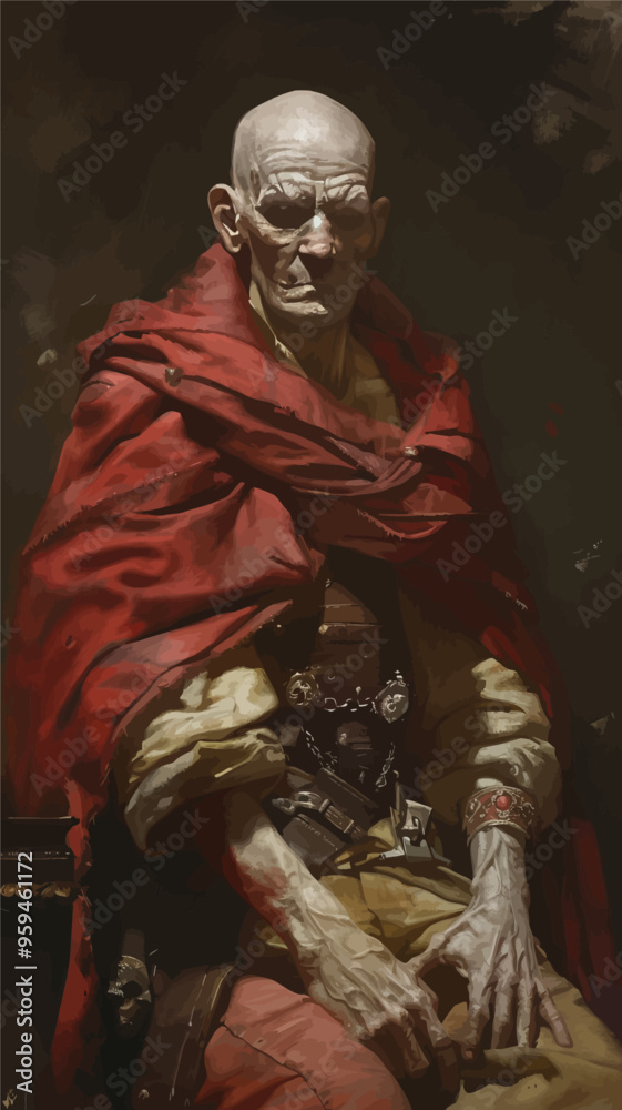 Ancient Wizard in Red Robe and Chainmail, Seated on Throne, with Worn and Weathered Appearance Ancient Wizard in Red Robe and Chainmail, Seated on Throne, with Worn and Weathered Appearance