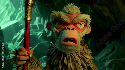 Angry Monkey with Red Eyes and Furry Costume, Hands on Red Stick, Standing in Dark Cave with Green Lighting
