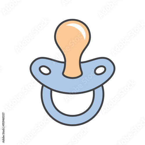 Baby pacifier icon. Blue pacifier with orange nipple, baby care, soothing, comfort, childhood.