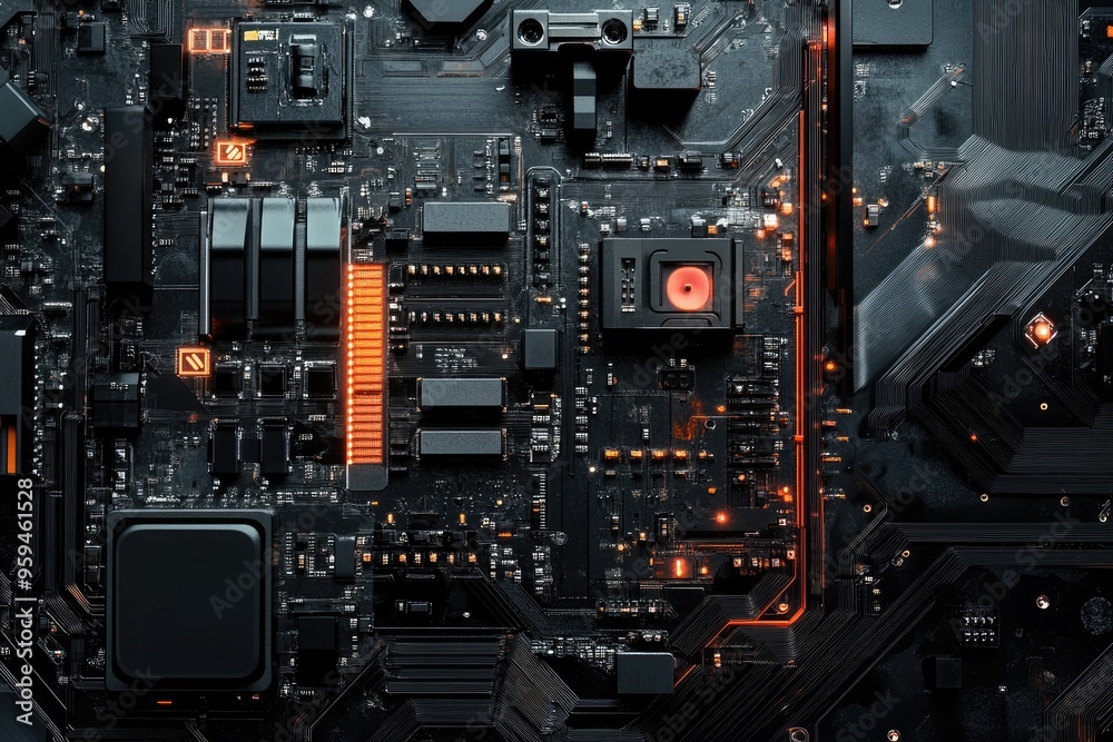 Fototapeta premium Close-up of a modern circuit board showcasing intricate designs and glowing accents, perfect for technology-related projects.
