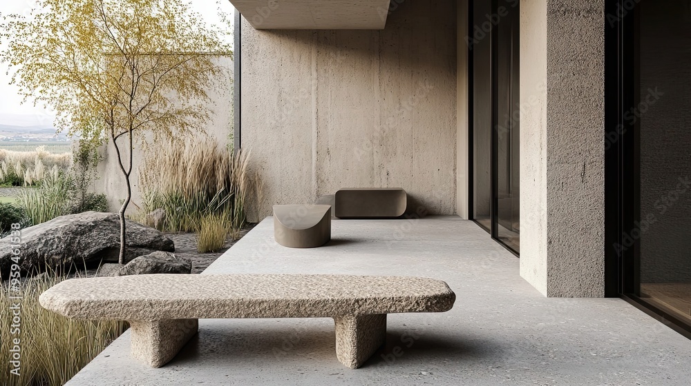 Concrete Bench and Modern Architecture Patio Concrete Bench and Modern Architecture Patio