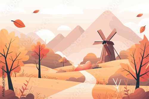 Autumnal Countryside Scenery with Windmill and Mountains