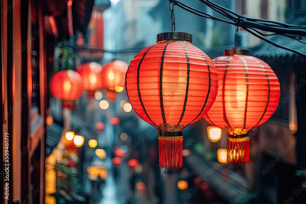 Vibrant red lanterns adorn a bustling street, illuminating the atmosphere with a warm glow in a picturesque evening setting. Vibrant red lanterns adorn a bustling street, illuminating the atmosphere with a warm glow in a picturesque evening setting.