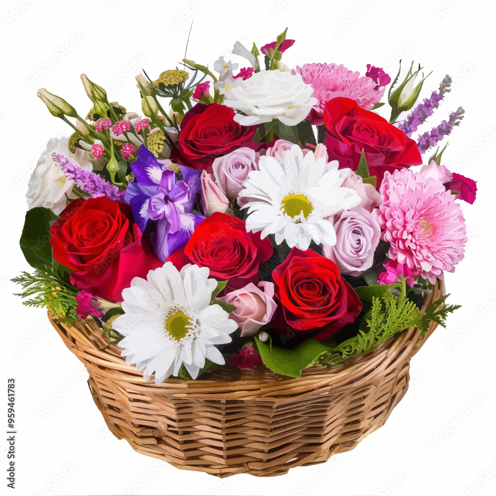 Basket of Colorful Roses and Daisies Basket of Colorful Roses and Daisies