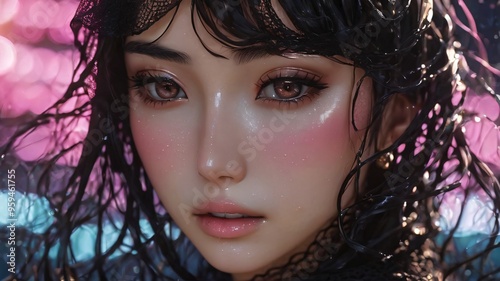 semi realistic artwork close up beautiful japanese or asian women under the rains and snow with cool background