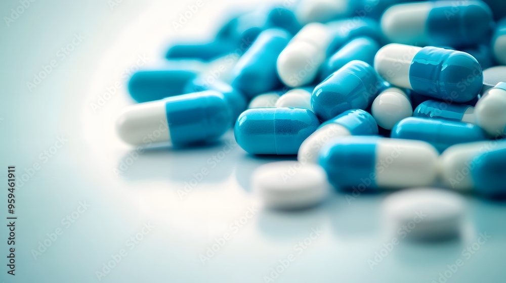 Medication Concept: Assorted Blue and White Pills on Table, Ideal for Pharmaceutical Marketing and Education Medication Concept: Assorted Blue and White Pills on Table, Ideal for Pharmaceutical Marketing and Education