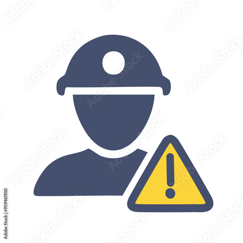 Worker alert icon. Construction worker icon with warning sign symbolizing safety, caution, and danger in workplace.