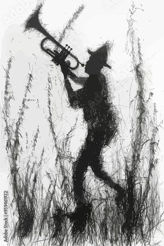 Black and white silhouette of a jazz musician playing a trumpet in a field of tall grass