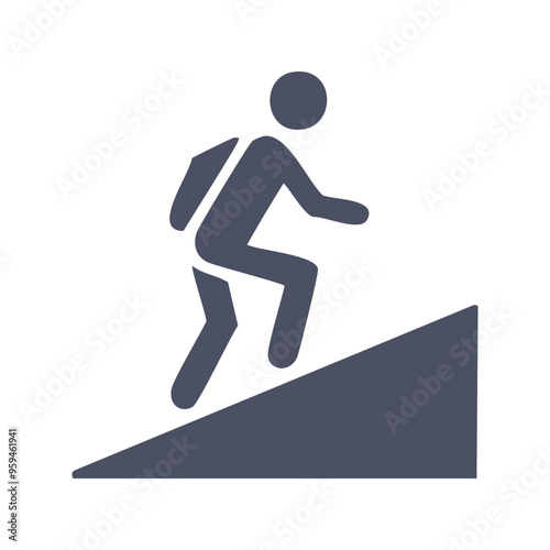 Hiking up hill. Silhouette of person ascending uphill, representing progress, achievement, and success.