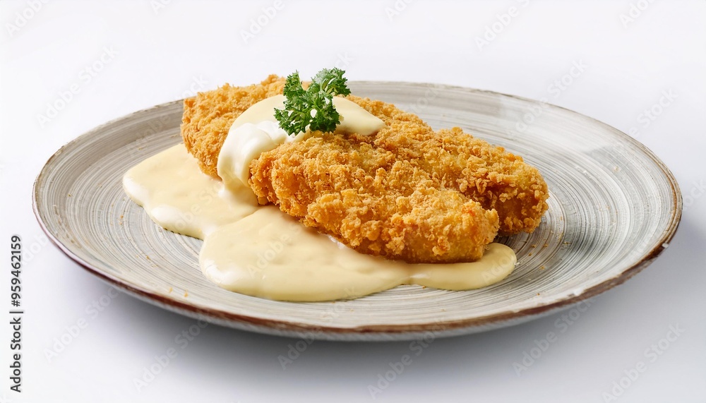 Tonkatsu with cheese sauce on white background isolated Tonkatsu with cheese sauce on white background isolated