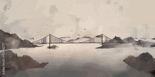 Bridge over water with birds in the sky