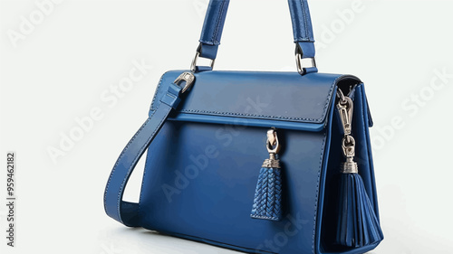 Blue Leather Handbag with Blue Fringe Accents and Silver Hardware
