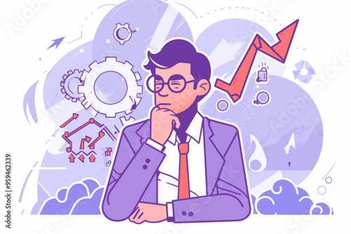 Businessman Pondering Gears and Arrows