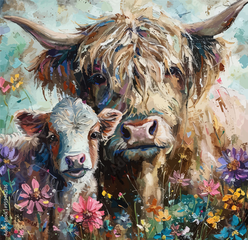 Cattle Family Portrait: A Mother and Calf in a Field of Wildflowers