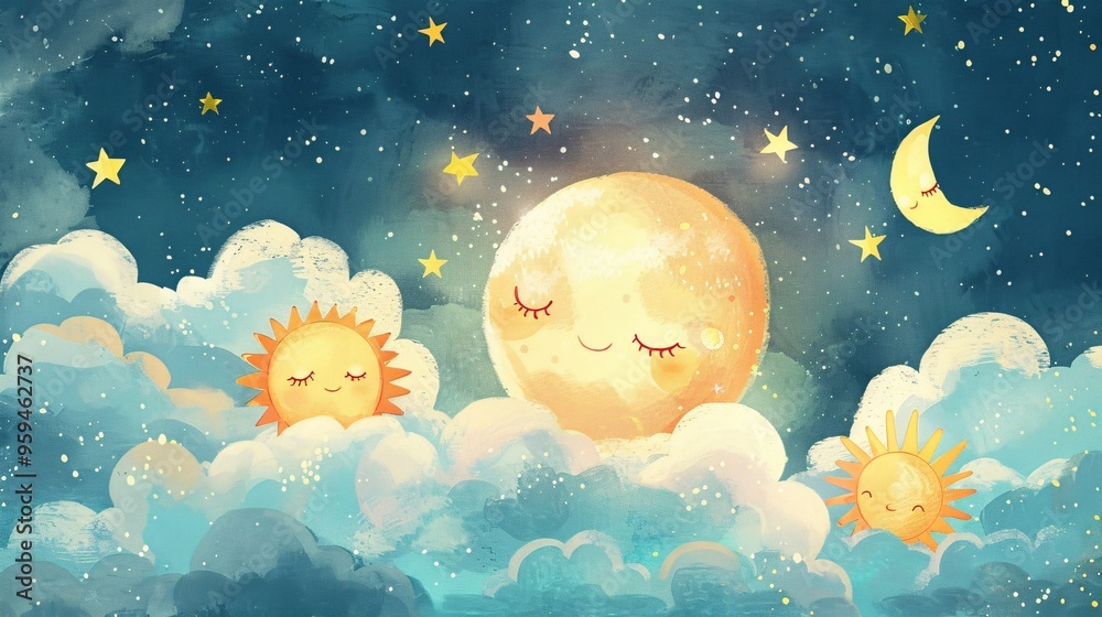 07250736 51. Soft pastel watercolor painting of cute clouds and suns, each with adorable facial expressions, featuring a smiling moon in the night sky, creating a whimsical weather scene 07250736 51. Soft pastel watercolor painting of cute clouds and suns, each with adorable facial expressions, featuring a smiling moon in the night sky, creating a whimsical weather scene