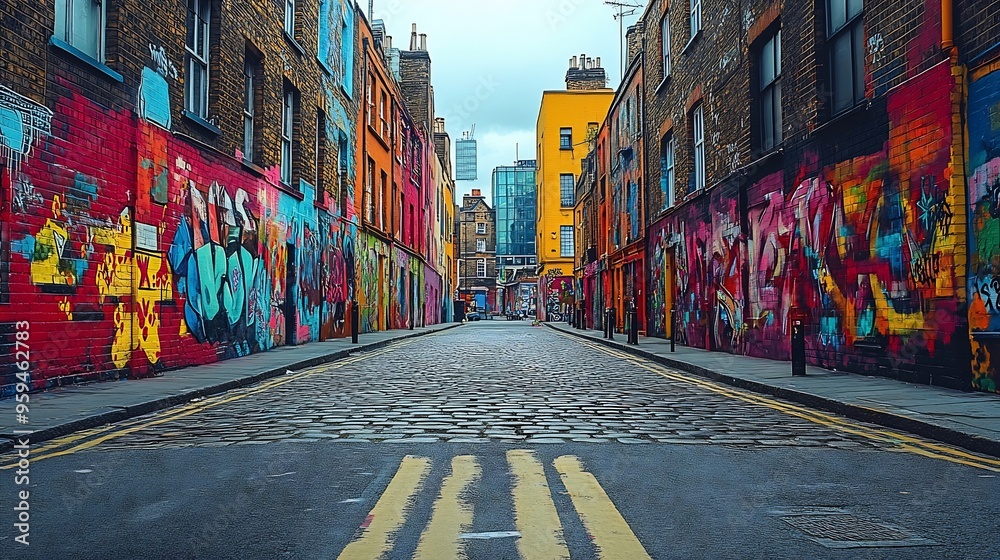 Fototapeta premium Urban street scene intricate graffiti and colorful murals