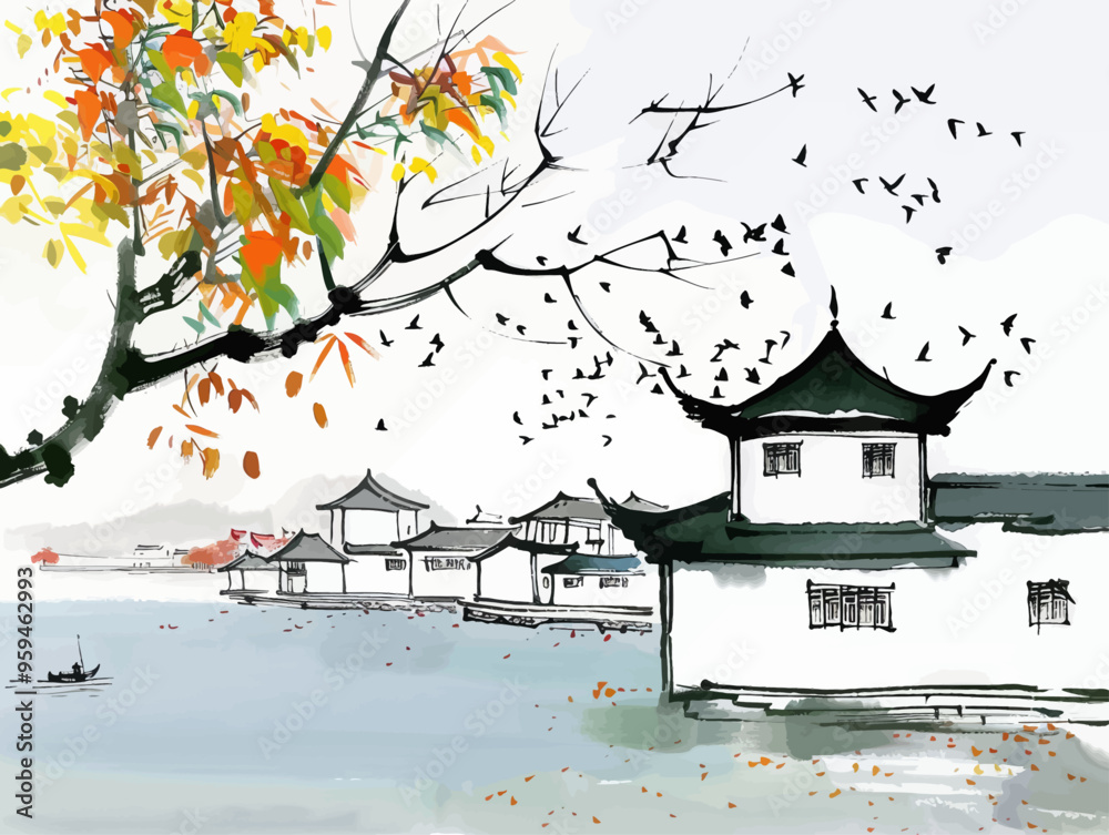 Chinese-style architecture with traditional roofs and a serene lake view
