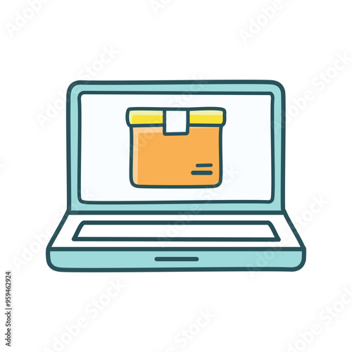 Laptop package icon. Simple cartoon illustration of a laptop with a box icon on the screen. Symbolizes online ordering and shipping.
