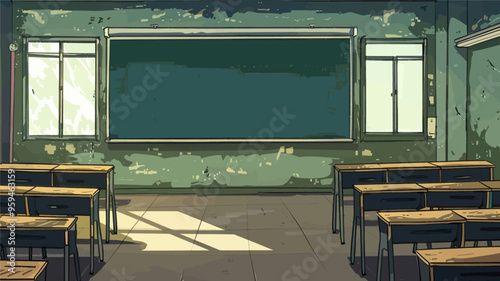 Classroom with chalkboard and desks, possibly in a rundown or neglected state