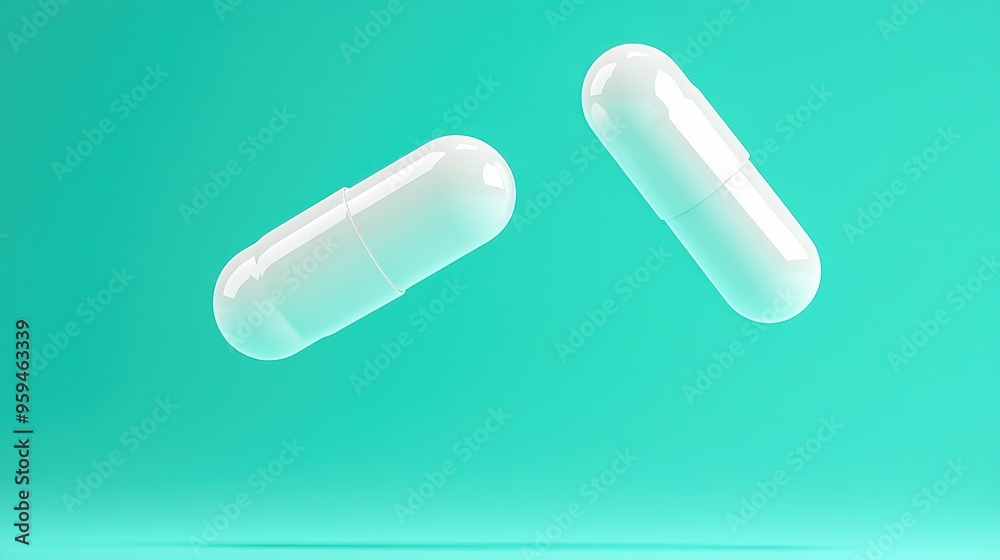 White Pills Floating on Turquoise Background White Pills Floating on Turquoise Background
