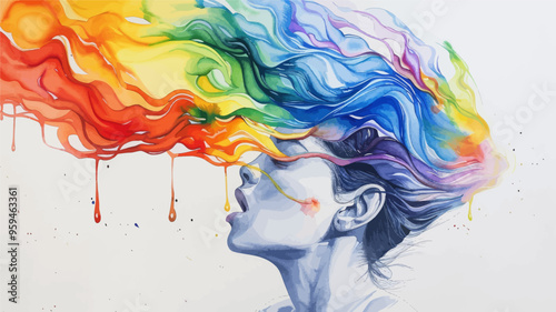 Colorful Abstract Art of a Person's Head with Rainbow Hues and Droplets